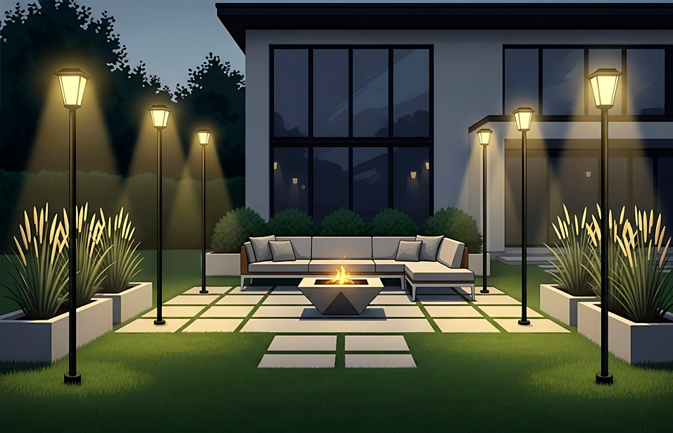 Espace salon extérieur moderne avec foyer et design d’éclairage élégant